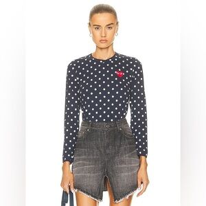 Comme des Garçons Navy Polka Dot Long Sleeve Tee with Red Heart Logo